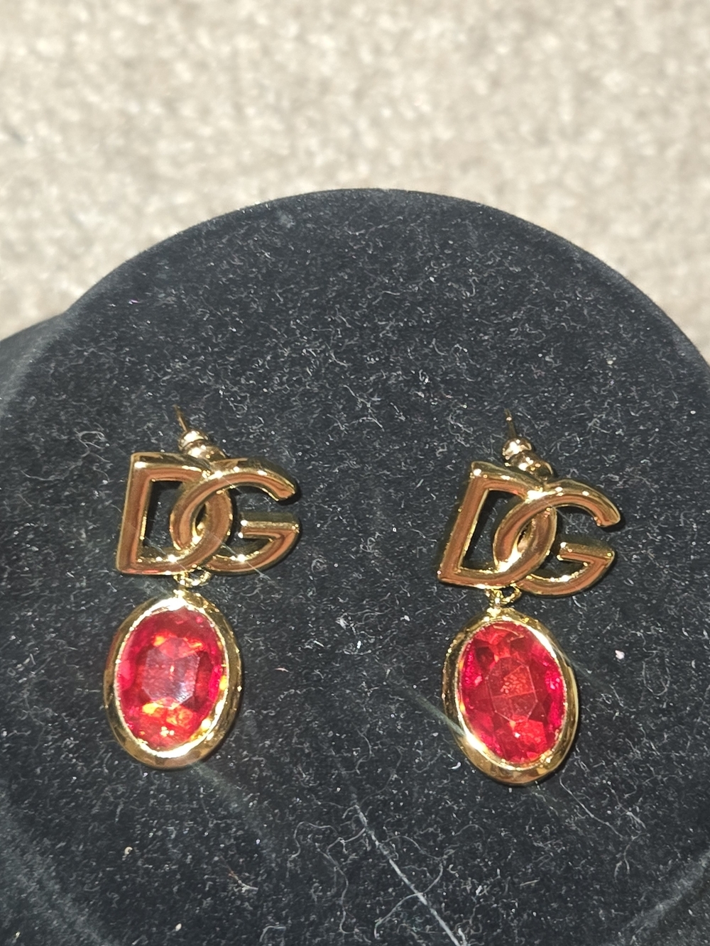 D&G 18kgp Gold-Tone Earrings with Red Gemstone Drop - Picture 3 of 5